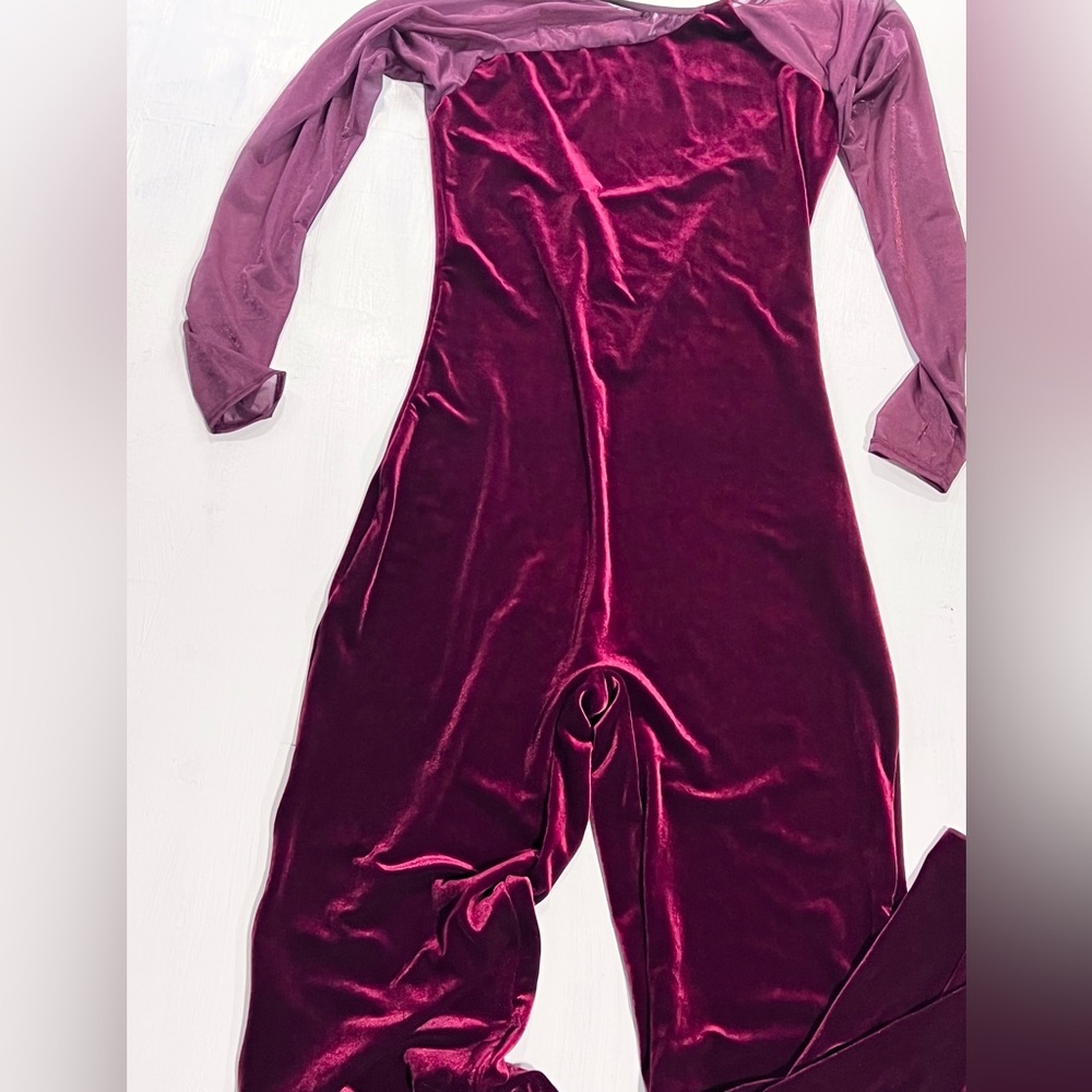 Cranberry velvet bodysuit one piece unitard leotard‎ long sleeve pants jumpsuit - Picture 8 of 12